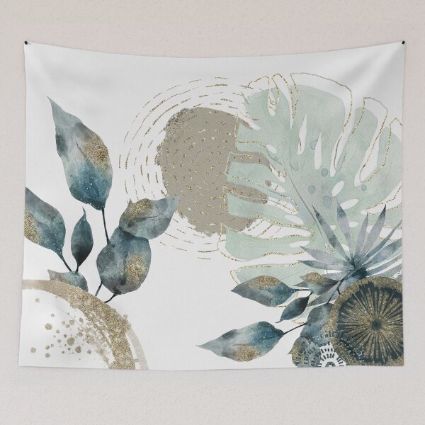 Item preview, Watercolor Blue Ink And Gold Leaves Mid Century designed and sold by FancyAesthetic.