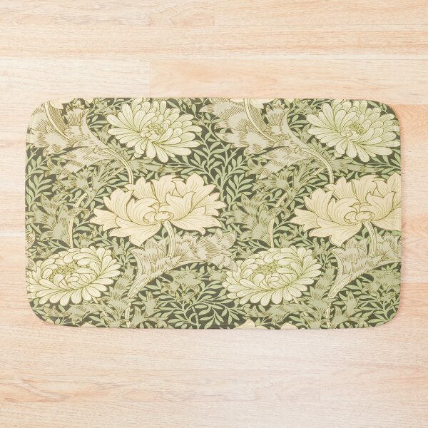 William Morris Vintage Green and White Chrysanthemum Floral Pattern Bath Mat