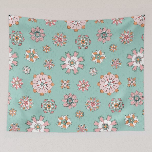 Item preview, Floral pattern with pink rosettes on mint green designed and sold by colorofmagic.