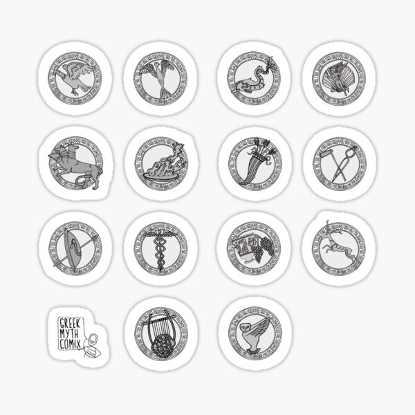 Item preview, Greek Myth Comix - The Olympian Gods sacred symbols BW designed and sold by GreekMythComix.