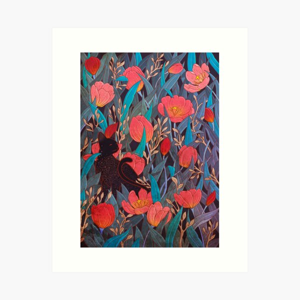 Black cat and tulips Art Print
