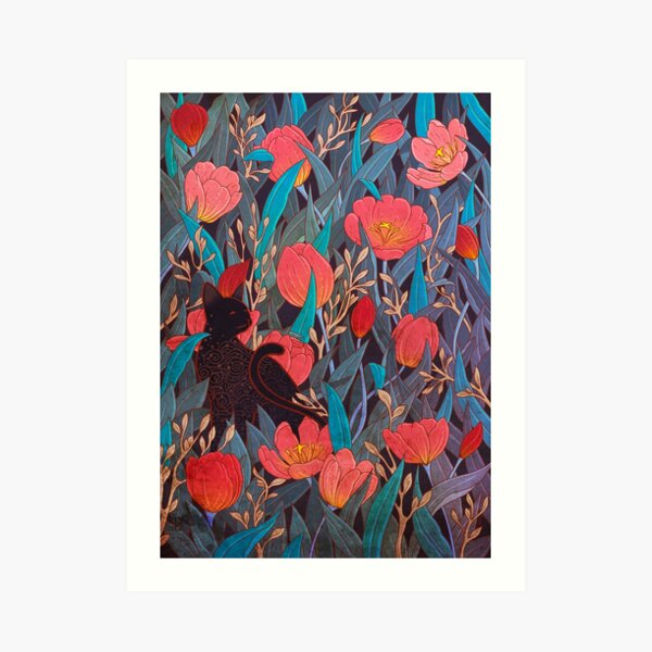Black cat and tulips Art Print