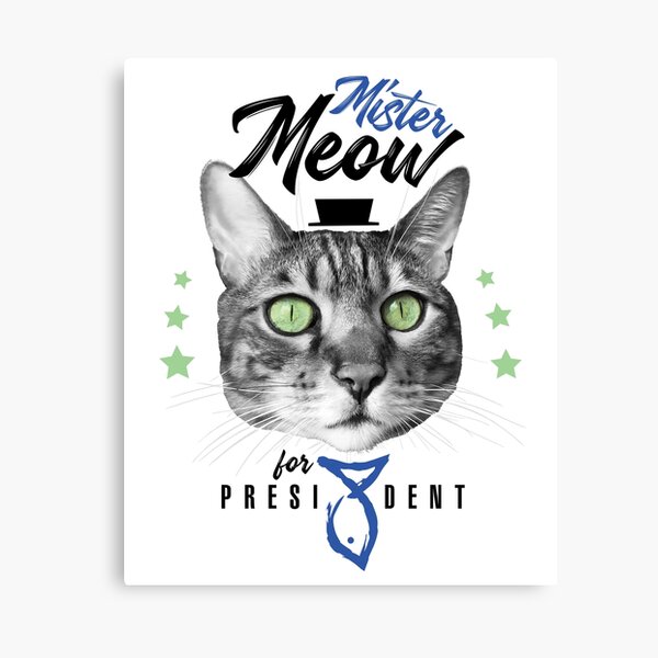 Mister Meow for president, chat en cravate avec chapeau, noir et blanc Impression sur toile