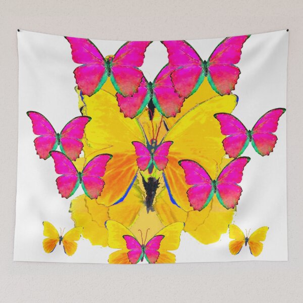 Item preview, CONTEMPORY FUCHSIA BUTTERFLIES ON YELLOW ABSTRACT ART PATTERNS designed and sold by sharlesart.