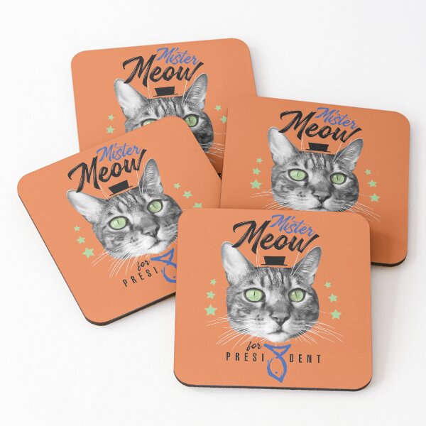 Mister Meow for president, chat en cravate avec chapeau, noir et blanc, fond orange Dessous de verre (lot de 4)