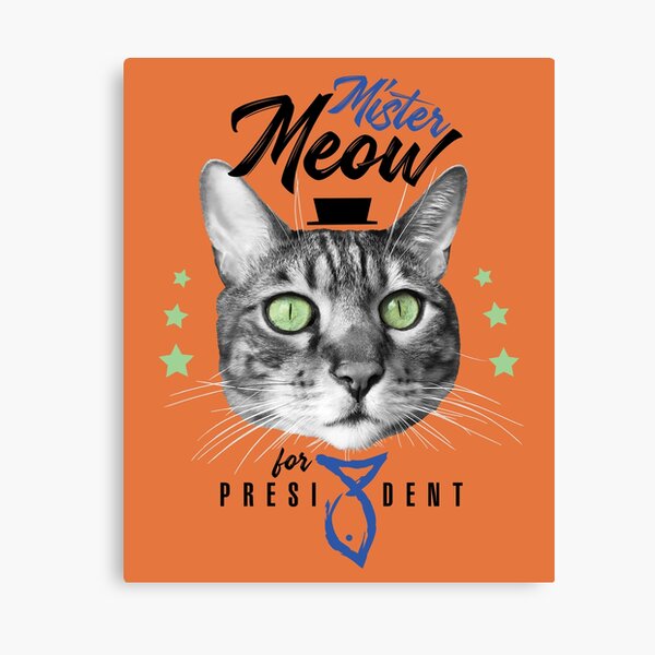 Mister Meow for president, chat en cravate avec chapeau, noir et blanc, fond orange Impression sur toile