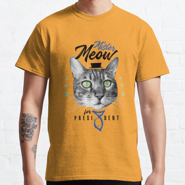Mister Meow for president, chat en cravate avec chapeau, noir et blanc, fond orange T-shirt classique