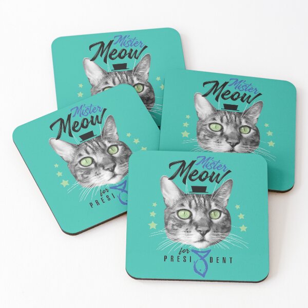 Item preview, Mister Meow for president, cat in tie with hat, black and white, turquoise background designed and sold by courbebleue.
