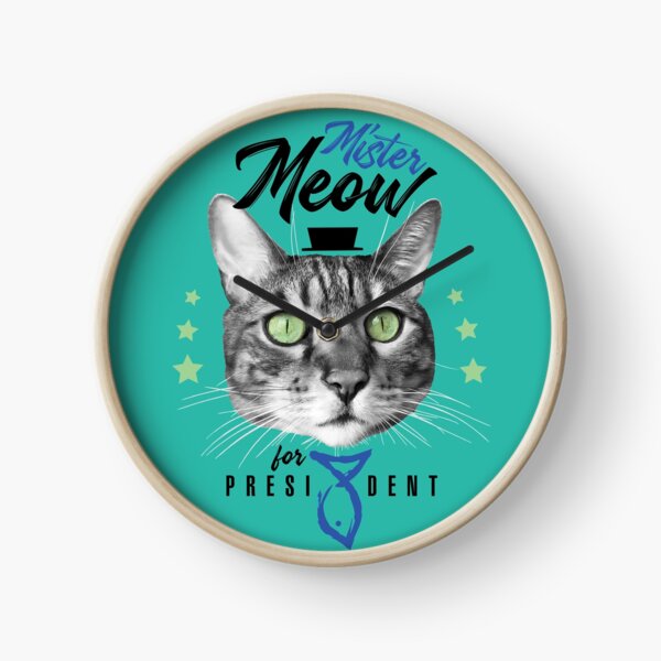 Mister Meow for president, chat en cravate avec chapeau, noir et blanc, fond turquoise Horloge