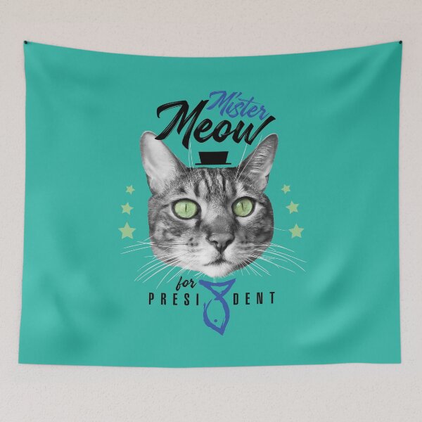 Item preview, Mister Meow for president, cat in tie with hat, black and white, turquoise background designed and sold by courbebleue.