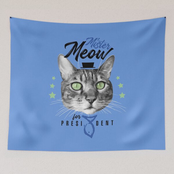 Item preview, Mister Meow for president, cat in tie with hat, black and white, blue background designed and sold by courbebleue.
