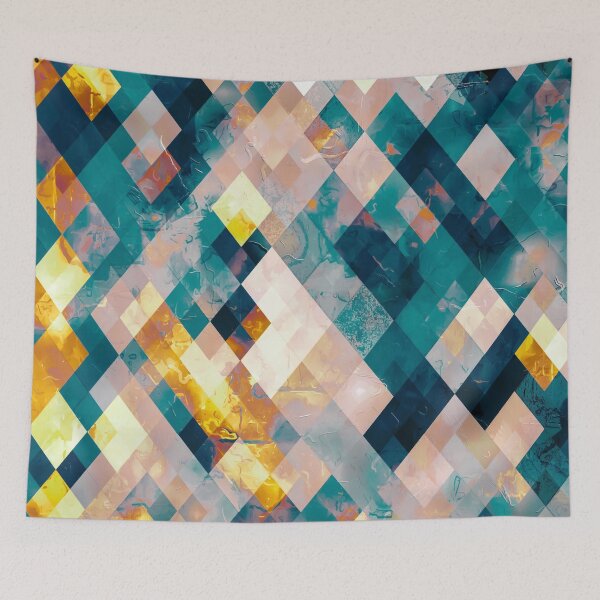 Item preview, geometric pixel square pattern abstract background in blue brown orange designed and sold by Mrvell.
