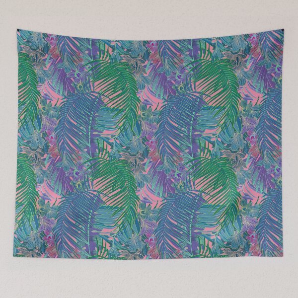 Item preview, Seamless pattern with neon orchids and psychedelic purple tropical foliage designed and sold by ANAKOTO.