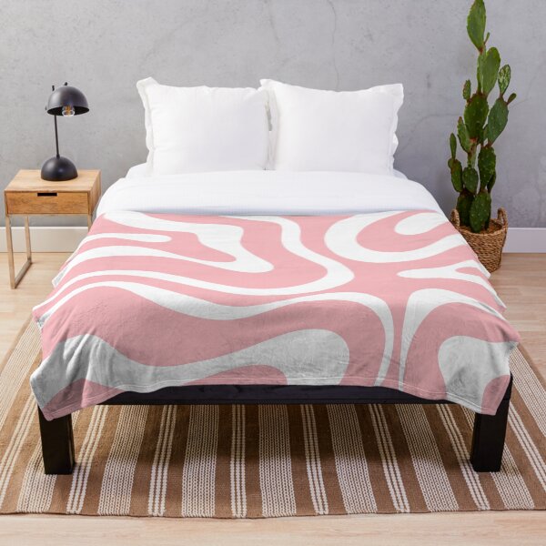 Retro Modern Liquid Swirl Abstract Pattern Square in Blush Pink and White Throw Blanket