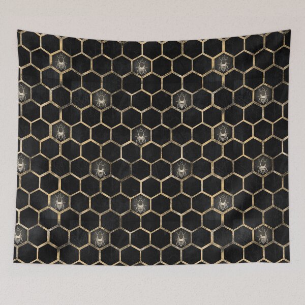 Item preview, Metallic bees in honeycomb hexagons gold on black  designed and sold by Lemonshaaark.