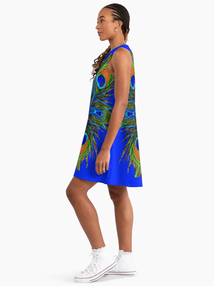 AWESOME BLUE ON & BLUE PEACOCK FEATHER ART ABSTRACT PATTERN " A-Line Dress  for Sale by sharlesart | Redbubble