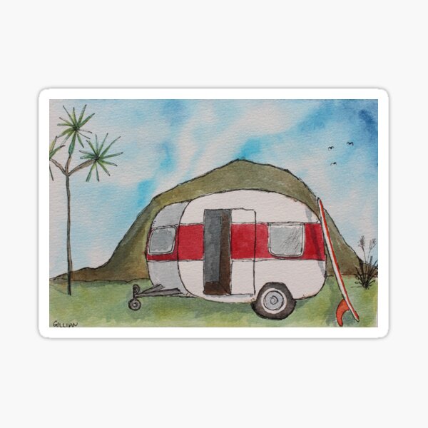 Retro Red Caravan with Surfboard Sticker