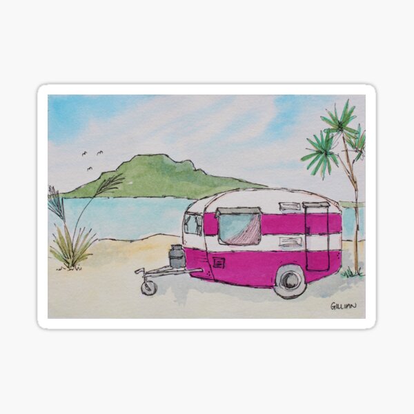 Retro Pink Caravan at the Beach Sticker