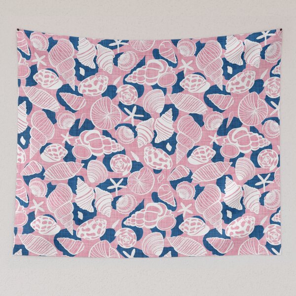 Item preview, Sea treasures // pastel pink faux texture background classic blue shadows white delineated seashells designed and sold by SelmaCardoso.