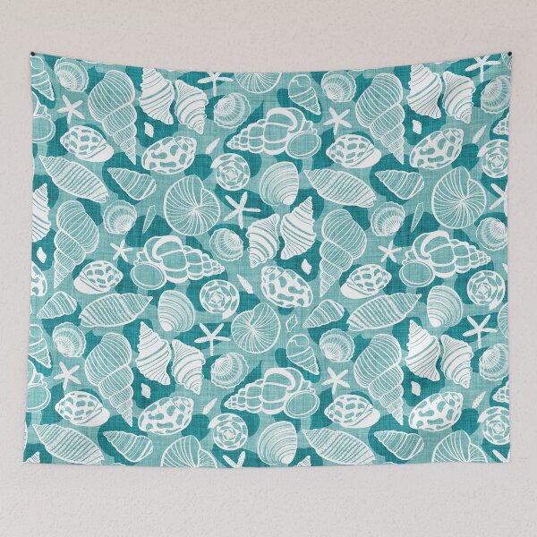 Item preview, Sea treasures // mint faux texture background peacock green shadows white delineated seashells designed and sold by SelmaCardoso.