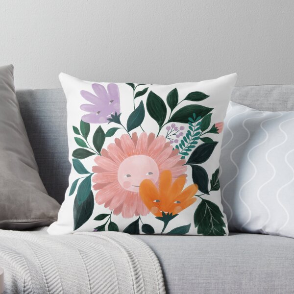 Spring flowers illustration in pink, orange and lilac Throw Pillow