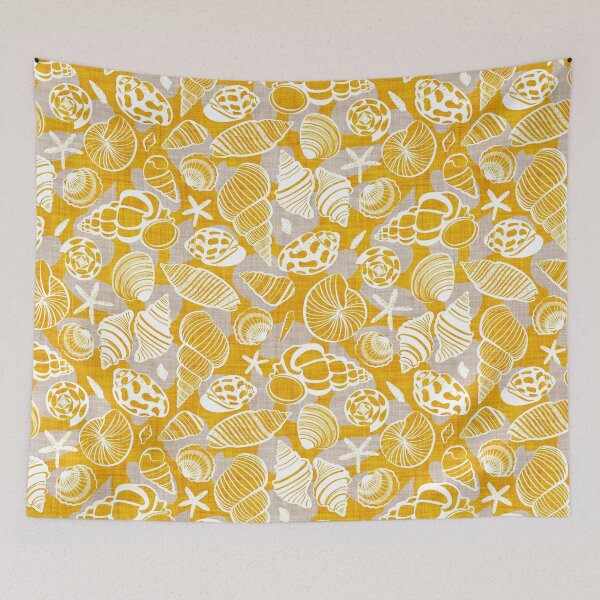 Item preview, Sea treasures // goldenrod yellow faux texture background greige shadows white delineated seashells designed and sold by SelmaCardoso.