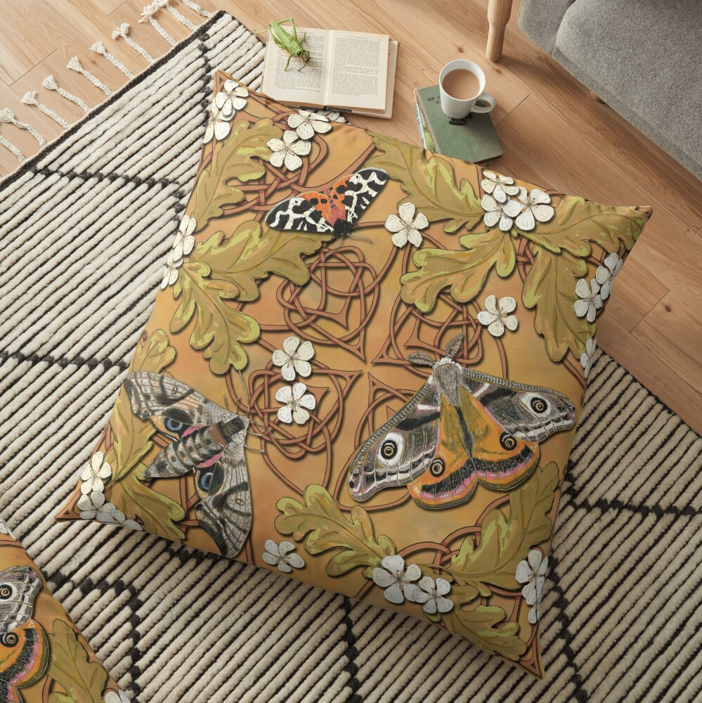 Celtic Moths with Leaves and Flowers Floor Pillow