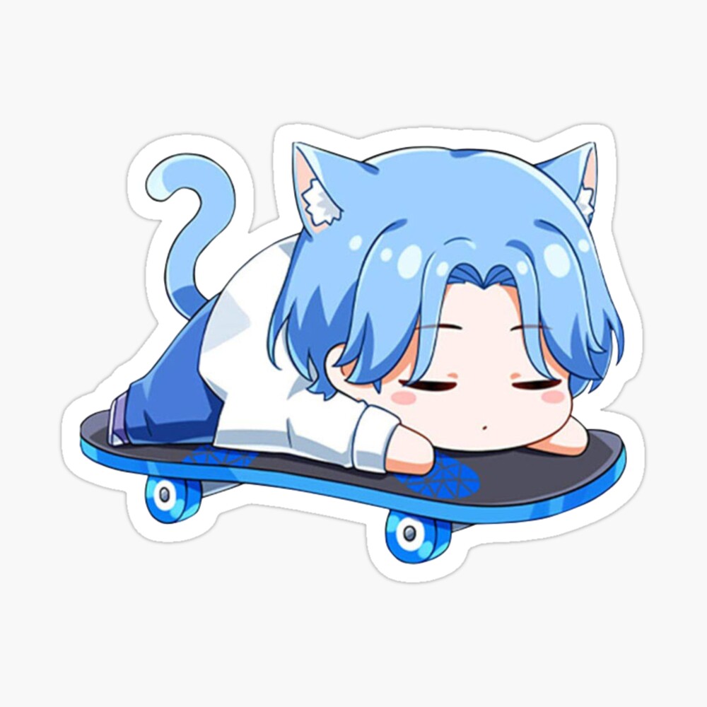 Dark blue hair anime boy skateboarding