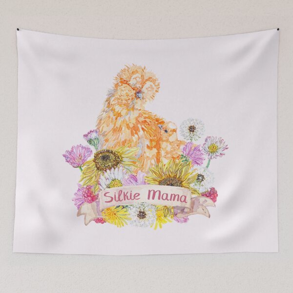 Item preview, Silkie Mama - Buff Silkie Hen and Chick with Summer Flowers designed and sold by becca-boyce.