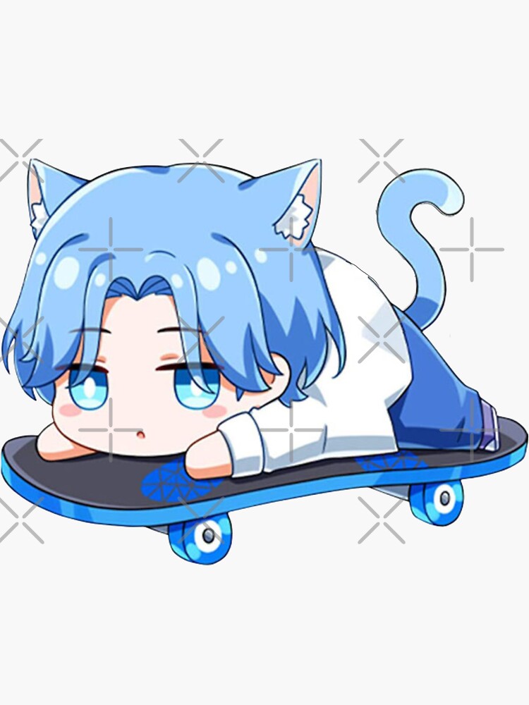 Dark blue hair anime boy skateboarding