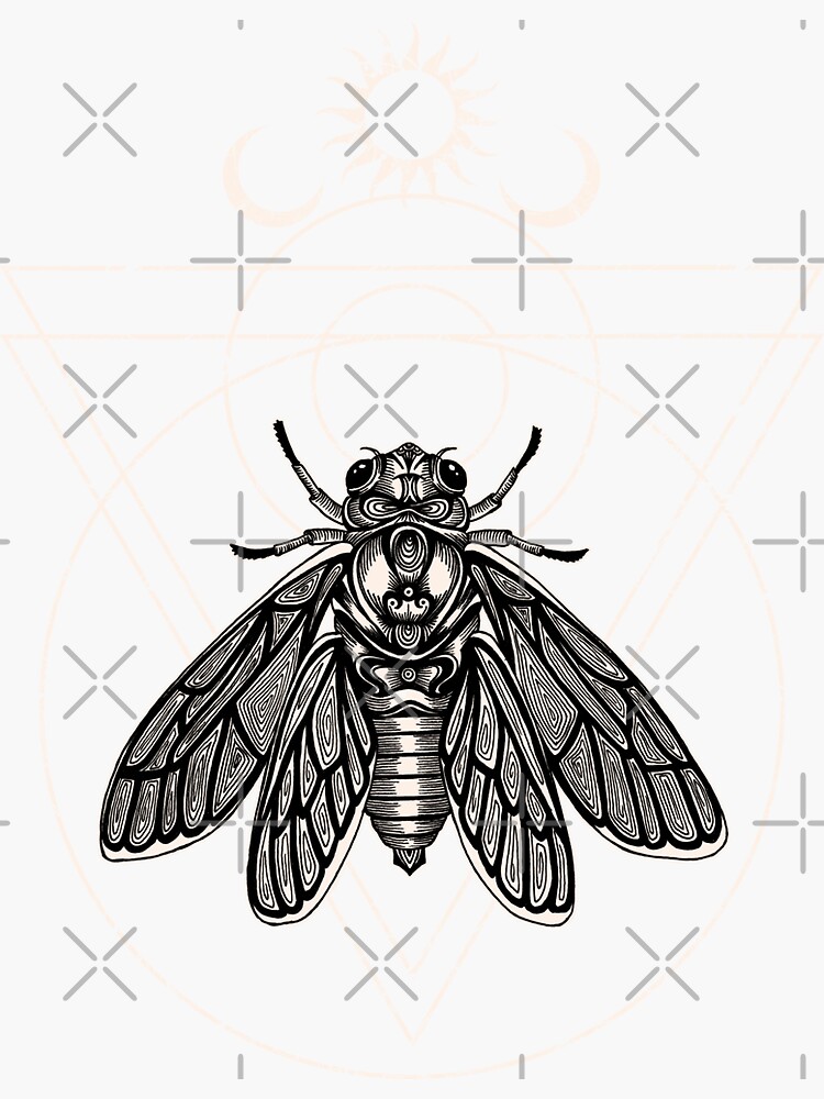 "Occult Cicada Brood X Sacred Geometry Ink Illustration" Sticker by