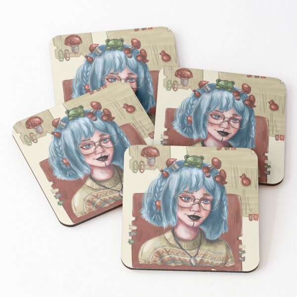 Item preview, Cute girl in glasses with frog toy, mushrooms and blue hair designed and sold by darkmoonlight-.