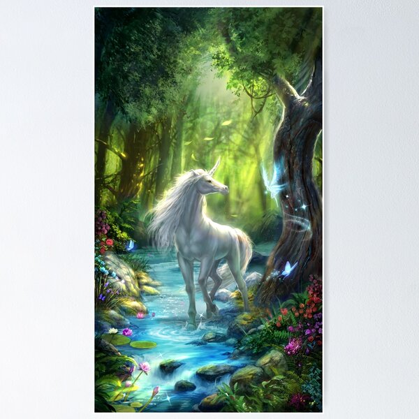 Girl and Unicorn Art Print, Original Painting on Canvas, Enchanted Forest,  Unicorn Nursery Decor, Fairytale Painting Fairycore Room Decor 