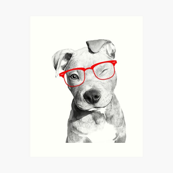 pitbull Dog with glasses, dog art, dog portrait, dog lover gift, dog painting, dog print, wall art, animal art, dog mom Art Print