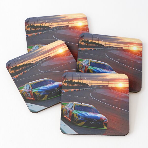Kyle Bush racing his Nascar racecar during sunset at Homestead Florida 2019 Coasters (Set of 4)