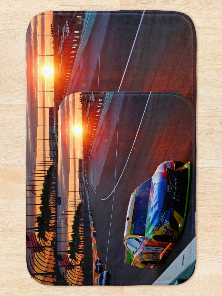 Alternate view of Kyle Bush racing his Nascar racecar during sunset at Homestead Florida 2019 Bath Mat