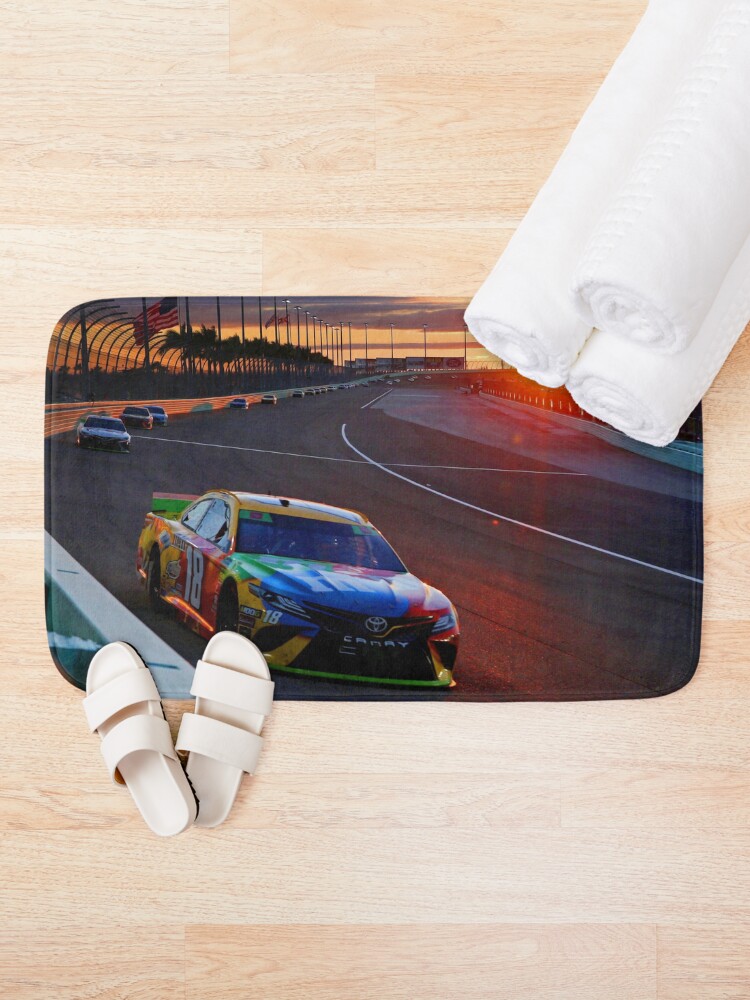 Alternate view of Kyle Bush racing his Nascar racecar during sunset at Homestead Florida 2019 Bath Mat