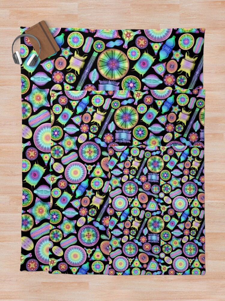 Alternate view of Ernst Haeckel Rainbow Diatoms on Black Throw Blanket