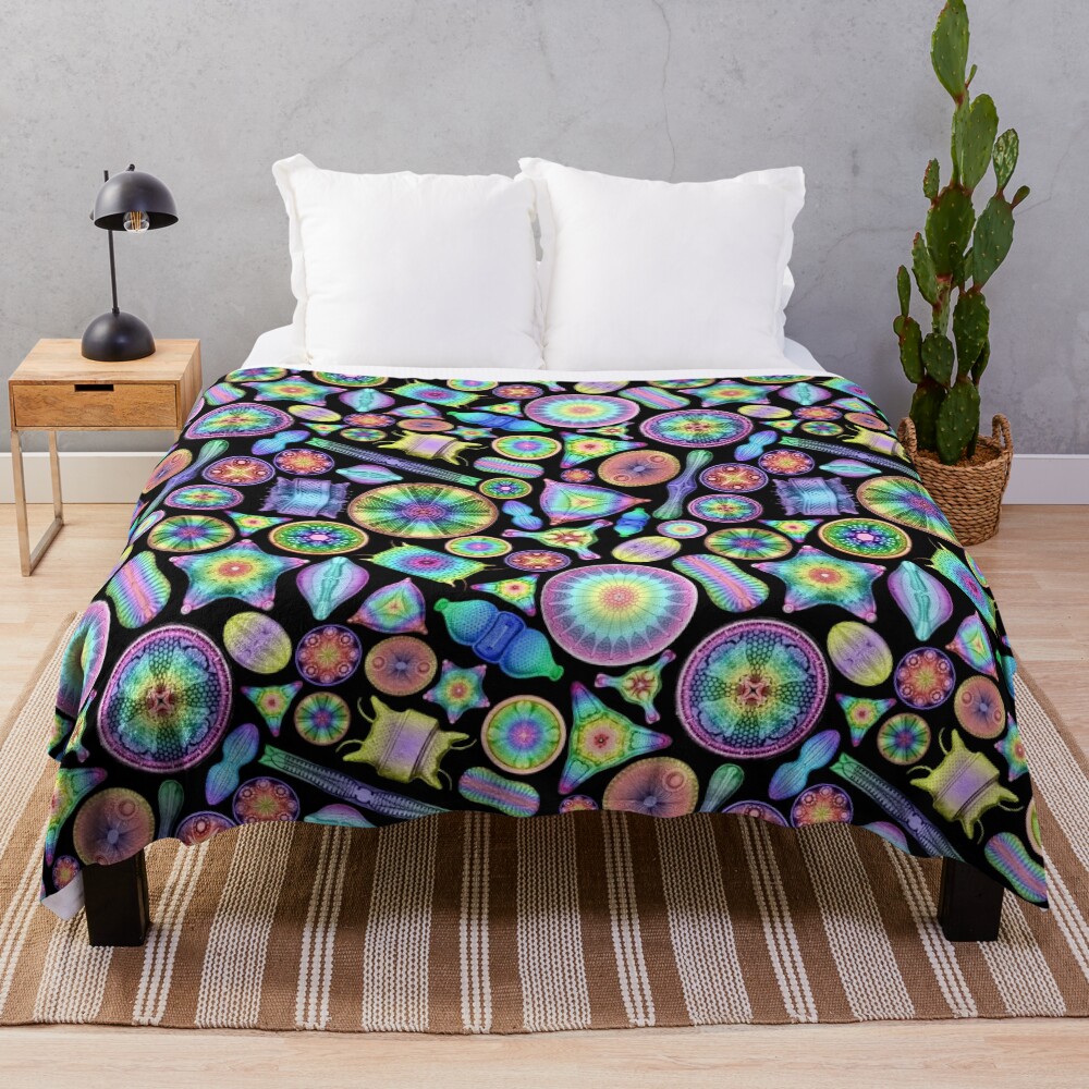 Ernst Haeckel Rainbow Diatoms on Black Throw Blanket