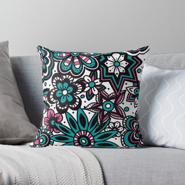 Pink & Teal Flower Print Throw Pillow