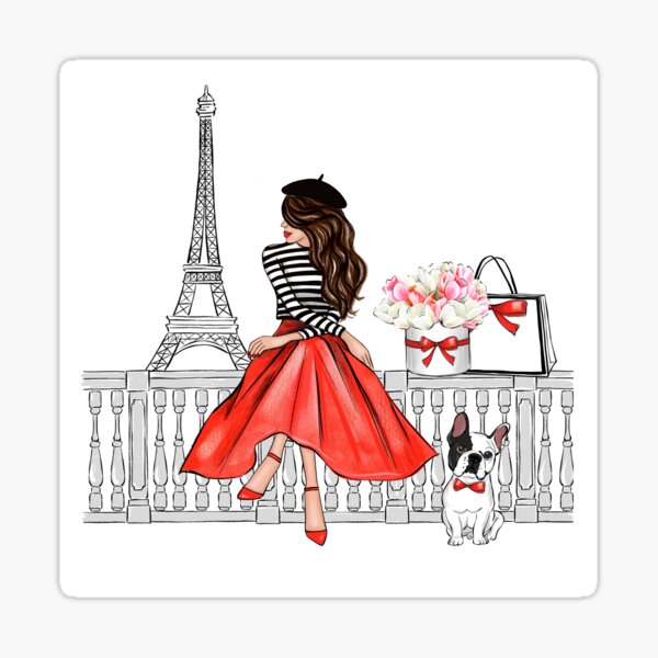 Item preview, Brunette girl in Paris red dress designed and sold by Lalanacliparts.