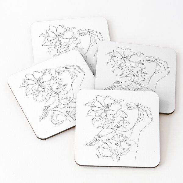 Flower in woman head. Line illustration. Line drawing. One line. Nature face. Nature cosmetics. Flower icon. Minimalist print. One Line Black White Drawing Artwork, Minimalist Couple Art, Minim Coasters (Set of 4)