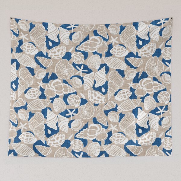 Item preview, Sea treasures // greige faux texture background classic blue shadows white delineated seashells designed and sold by SelmaCardoso.