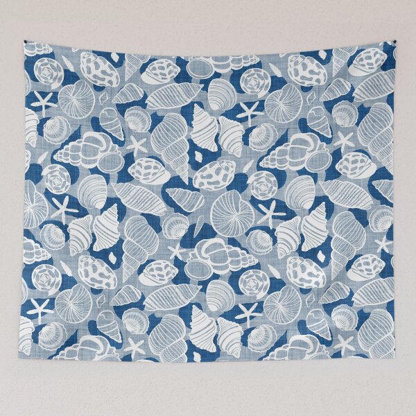 Item preview, Sea treasures // pastel blue faux texture background classic blue shadows white delineated seashells designed and sold by SelmaCardoso.