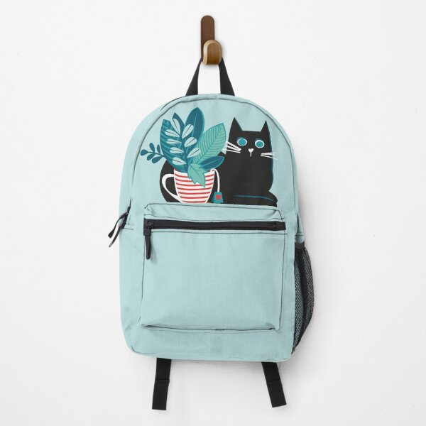 Item preview, One more chapter // aqua background black cat striped mug with plants red teal and yellow books with quote designed and sold by SelmaCardoso.