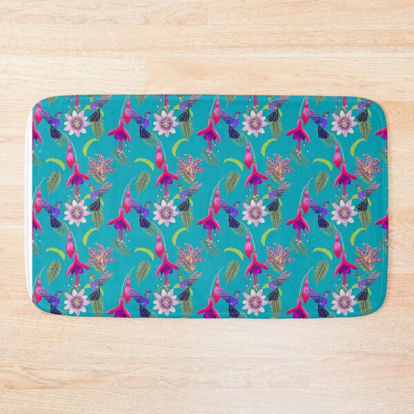 Item preview, Hummingbird floral with fuchsia, raspberry mousse toad lily and passion flower, A I Aqua background designed and sold by Naty Design Prague.
