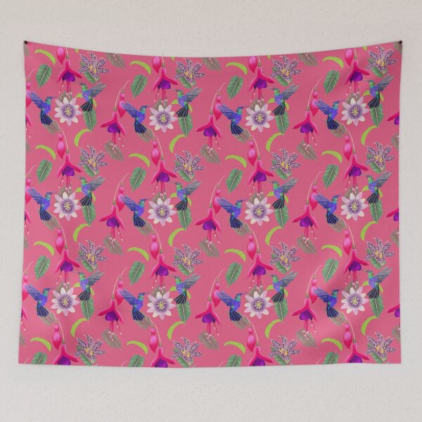 Item preview, Hummingbird floral with fuchsia, raspberry mousse toad lily and passion flower, hot pink background designed and sold by Naty Design Prague.