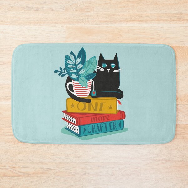 Item preview, One more chapter // aqua background black cat striped mug with plants red teal and yellow books with quote designed and sold by SelmaCardoso.
