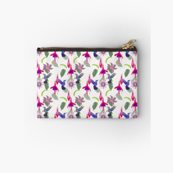 Item preview, Hummingbird floral with fuchsia, raspberry mousse toad lily and passion flower, white background designed and sold by Naty Design Prague.