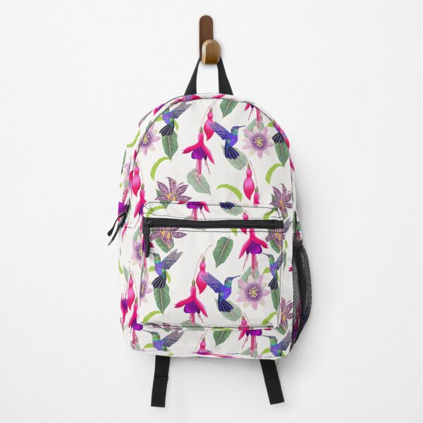 Item preview, Hummingbird floral with fuchsia, raspberry mousse toad lily and passion flower, white background designed and sold by Naty Design Prague.